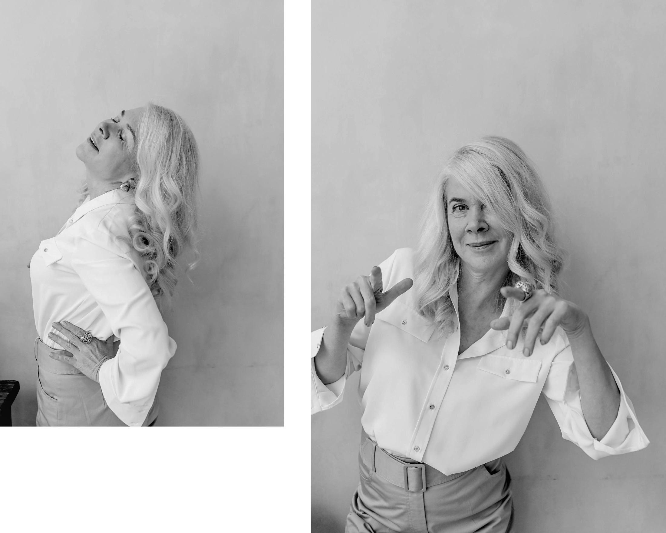 Schwarz-Weiss Visible-Identity-Doppelseite mit ausdrucksstarken Portraits