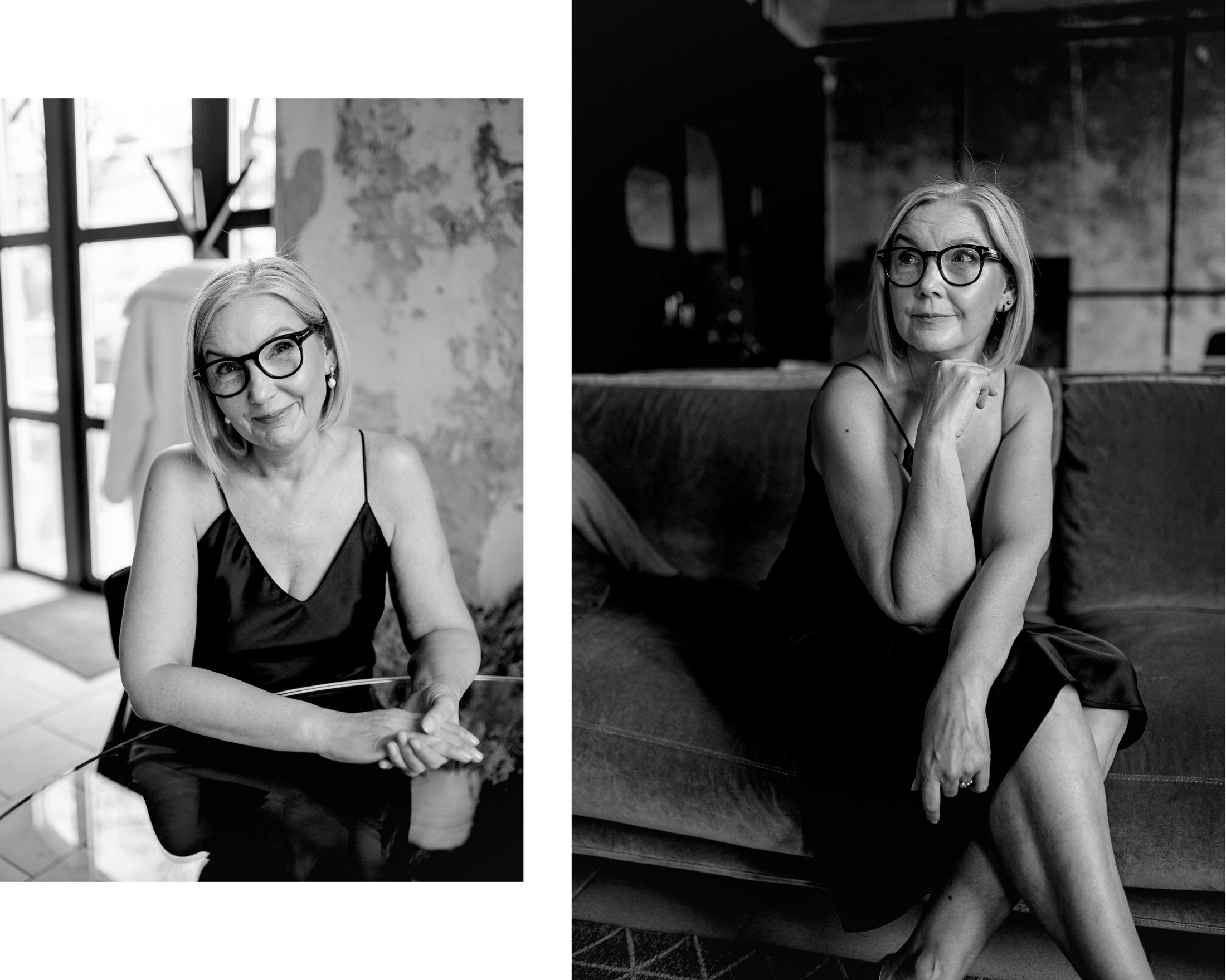 Schwarz-Weiss Visible-Identity-Doppelseite mit Portraits einer Frau in schwarzem Kleid