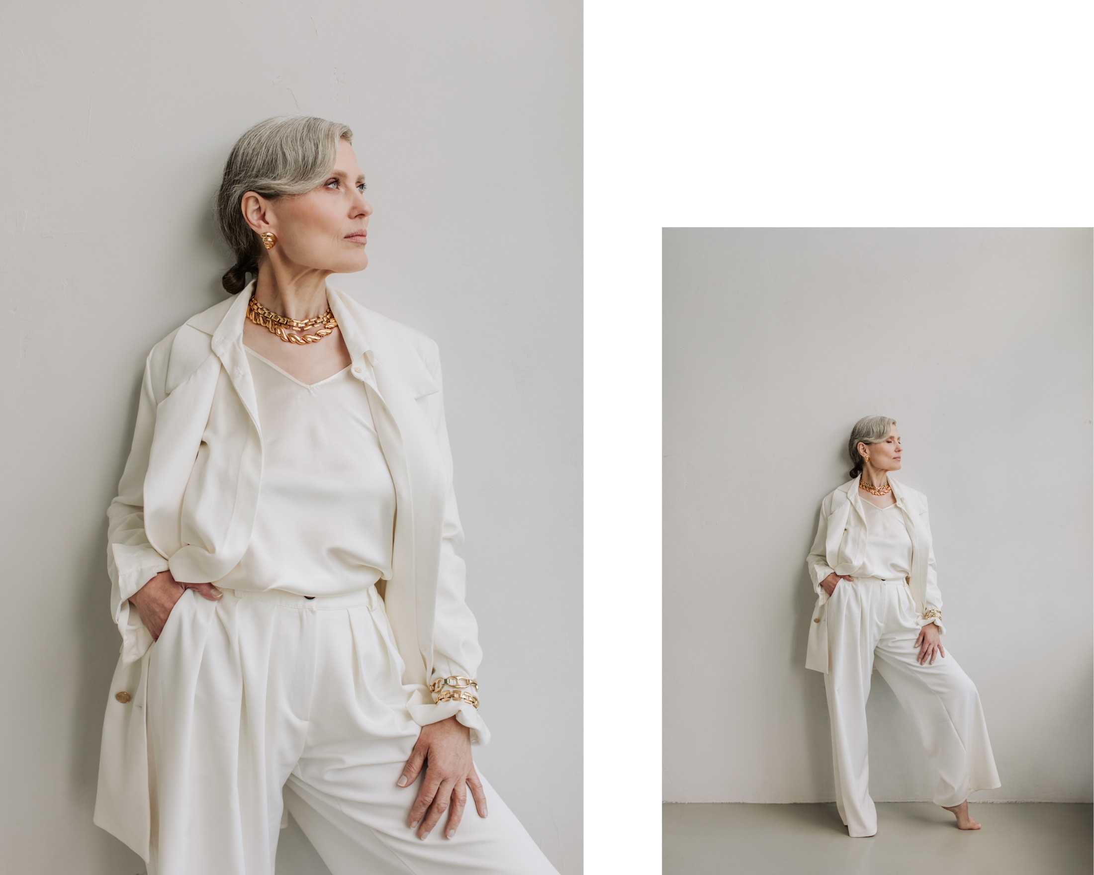 Visible-Identity-Doppelseite mit Frau in weissem Anzug vor ruhiger Wand